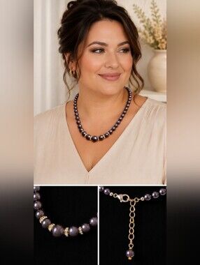 Graduated Glass Pearl Necklace 18" Gold Rhinestone Spacer Lobster Clasp